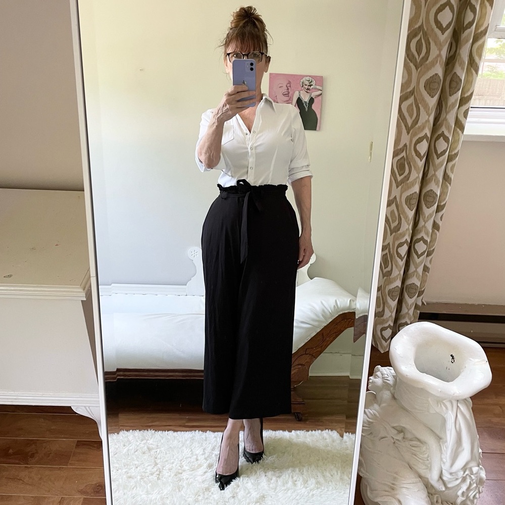 LAUREN CONRAD CROPPED WIDE LEG PANTS STRETCH WAIST POCKETS BELT